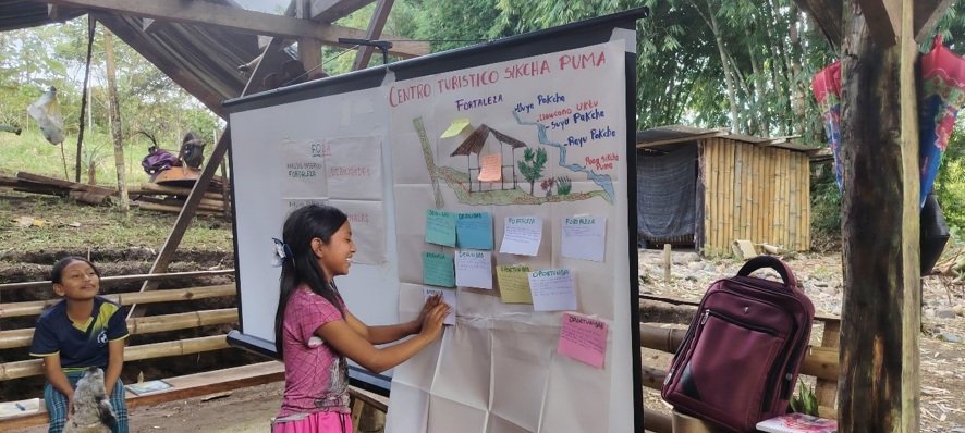 Young People Identify Opportunities for Sustainable Community Tourism in Ecuador Through the Youth Green Project | Photo: World Vision | Image provided by World Vision A young participant stands beside a presentation board during a community workshop in Ecuador. The board displays a hand-drawn map and notes about the Sikcha Puma Tourist Centre, including local attractions, opportunities and community strengths. Other participants observe the presentation in an outdoor community setting.